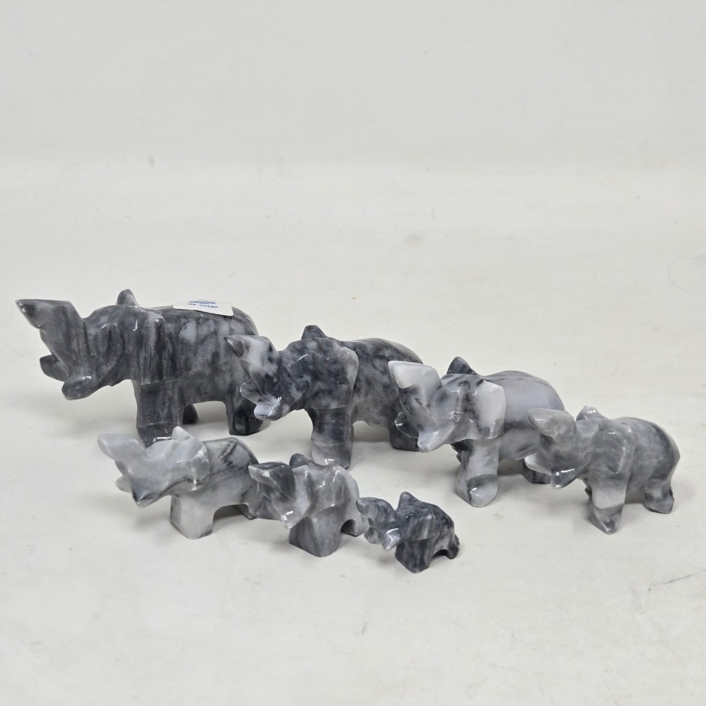 Set of 7 Hand Carved Grey Marble Stone Elephant Figurines Miniature Parade Decor